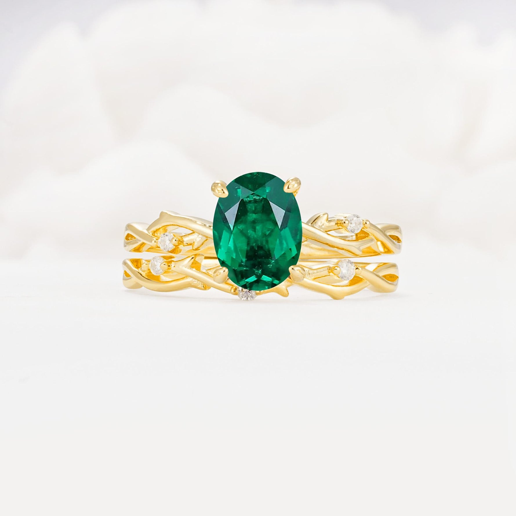 Nature-Inspired Oval Cut Emerald Engagement Ring Set with Twig Accents - Yellow-Gold