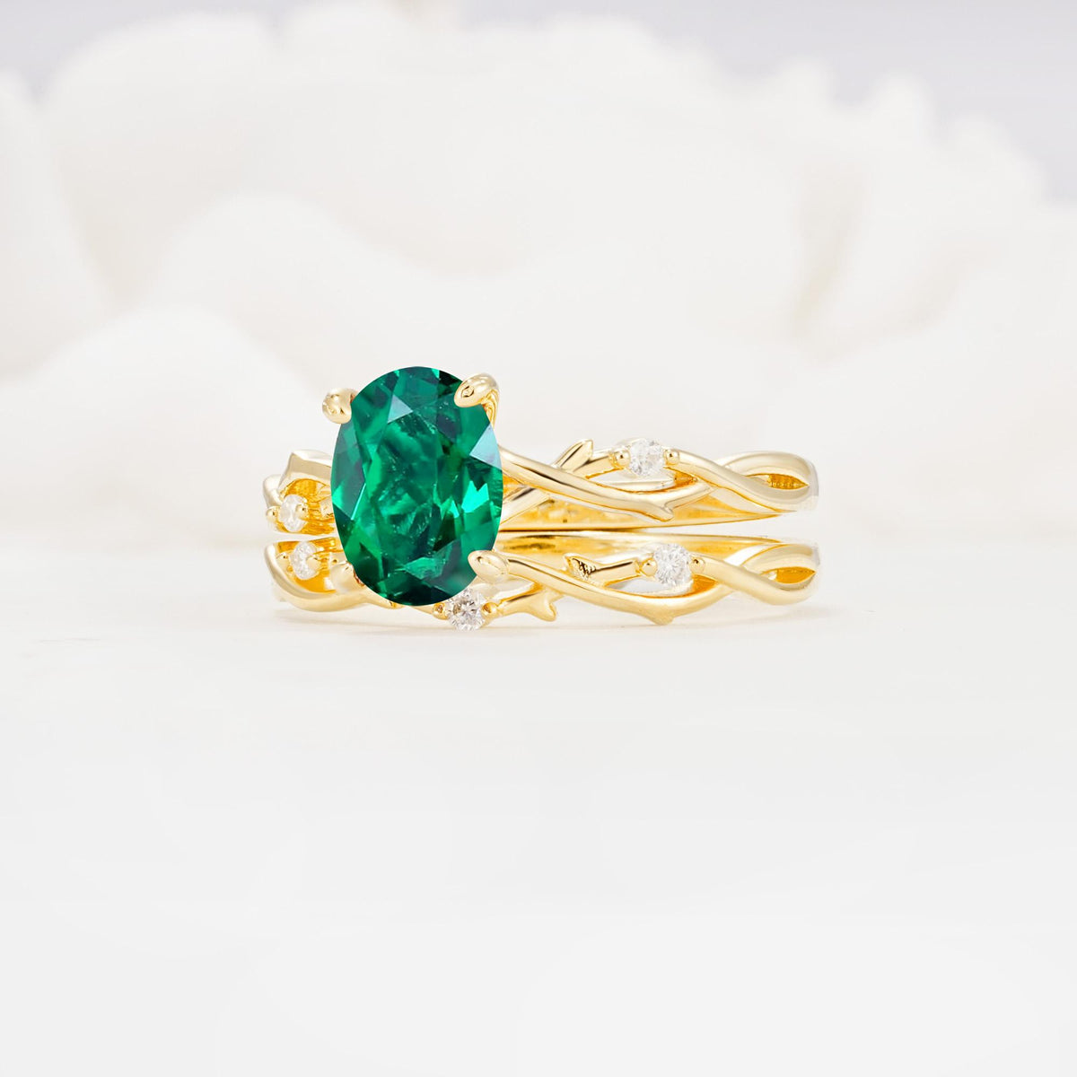 Nature-Inspired Oval Cut Emerald Engagement Ring Set with Twig Accents - Rose-Gold