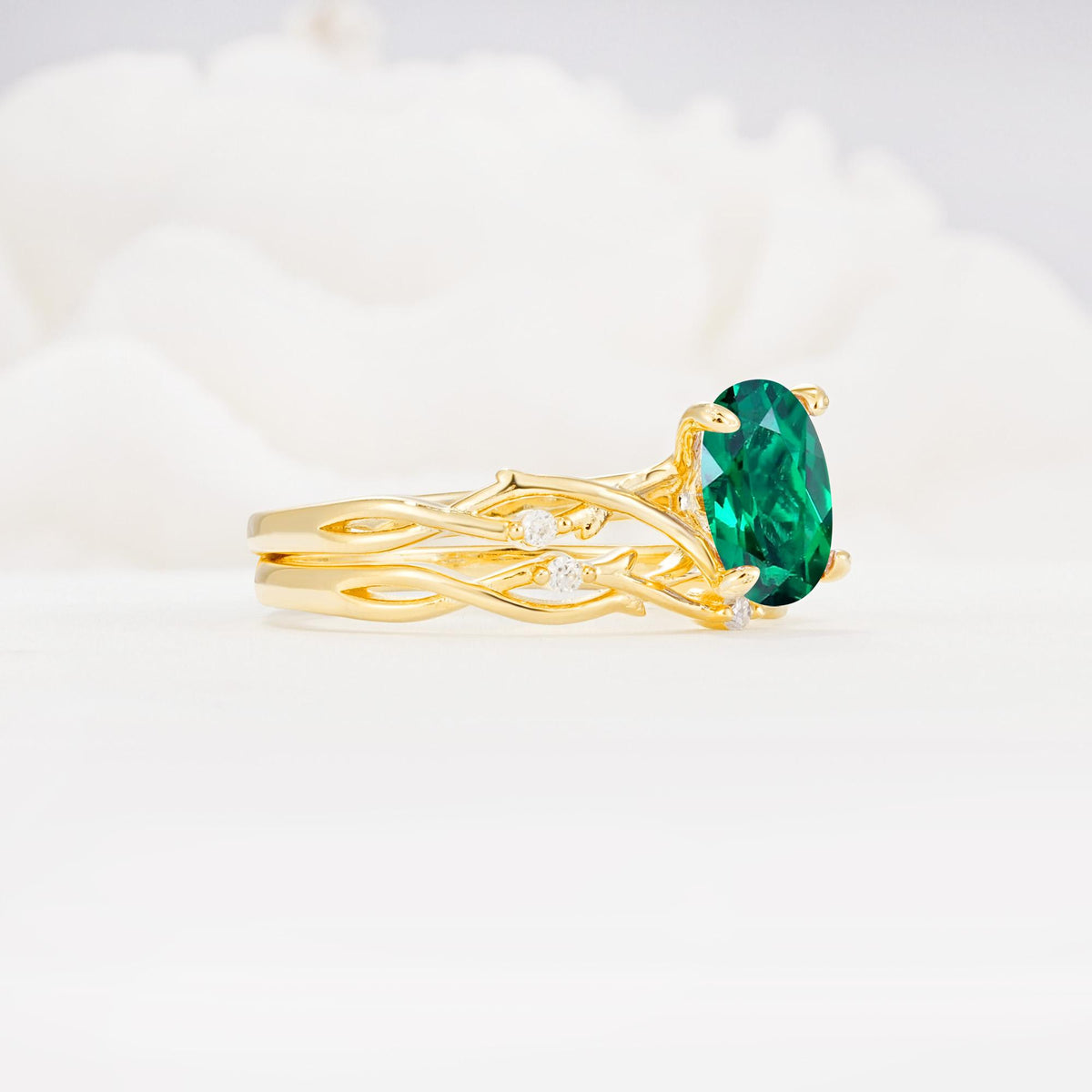 Nature-Inspired Oval Cut Emerald Engagement Ring Set with Twig Accents - White-Gold