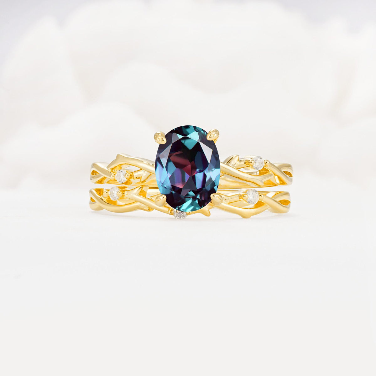 Nature-Inspired Oval Cut Alexandrite Engagement Ring Set with Twig Accents - Yellow-Gold