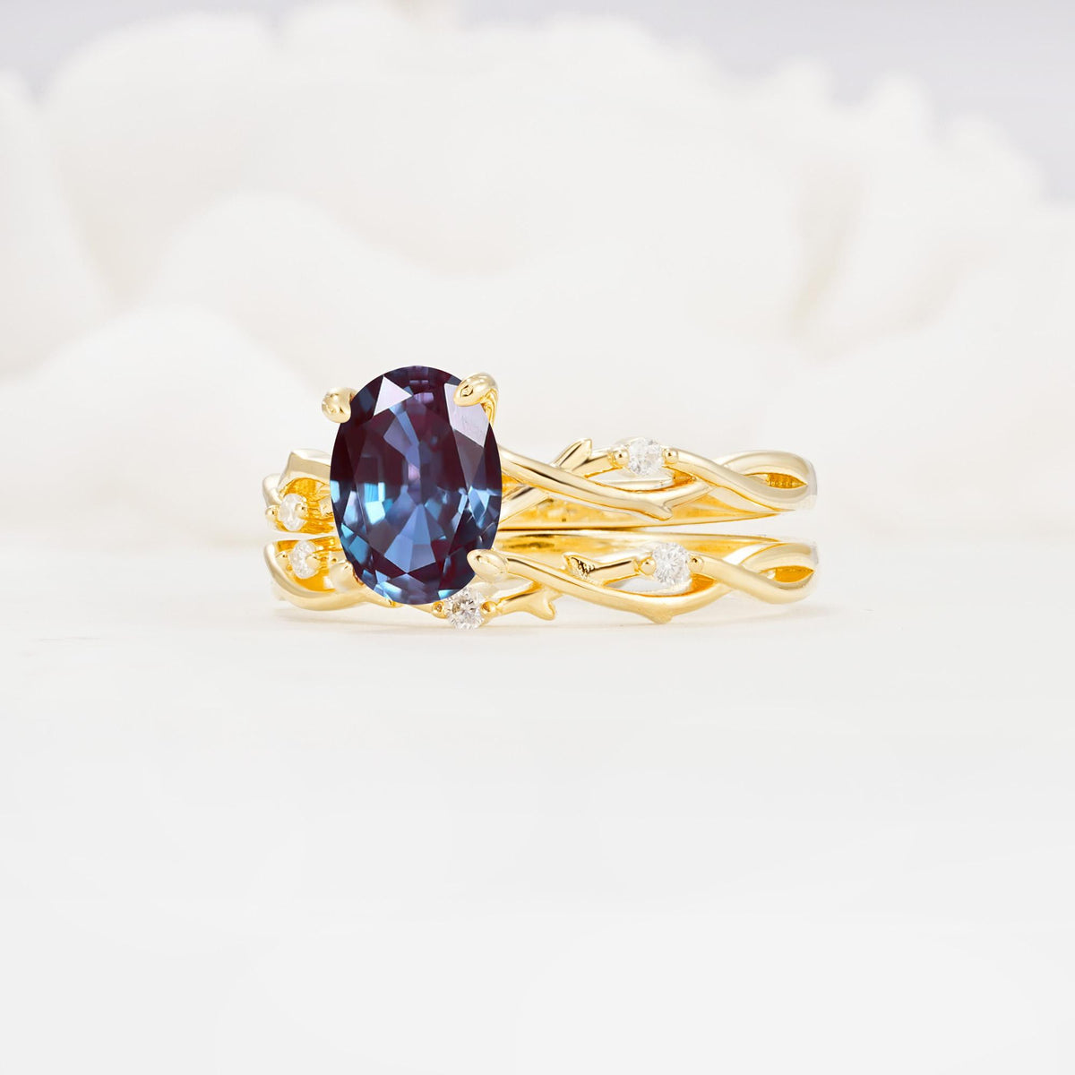 Nature-Inspired Oval Cut Alexandrite Engagement Ring Set with Twig Accents - Rose-Gold