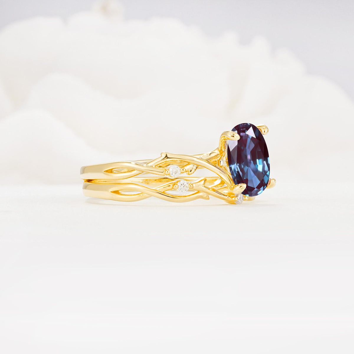 Nature-Inspired Oval Cut Alexandrite Engagement Ring Set with Twig Accents - White-Gold
