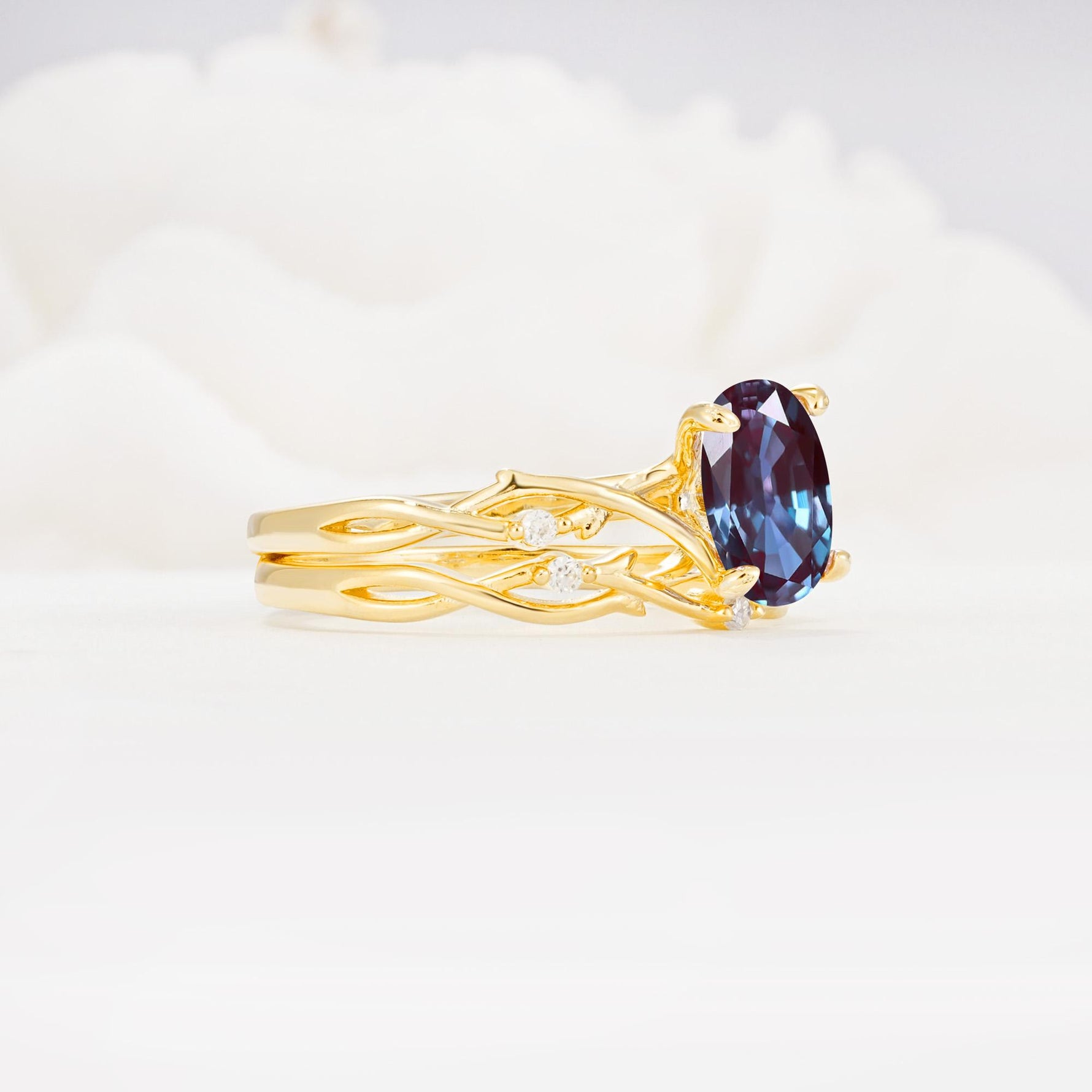 Nature-Inspired Oval Cut Alexandrite Engagement Ring Set with Twig Accents - White-Gold