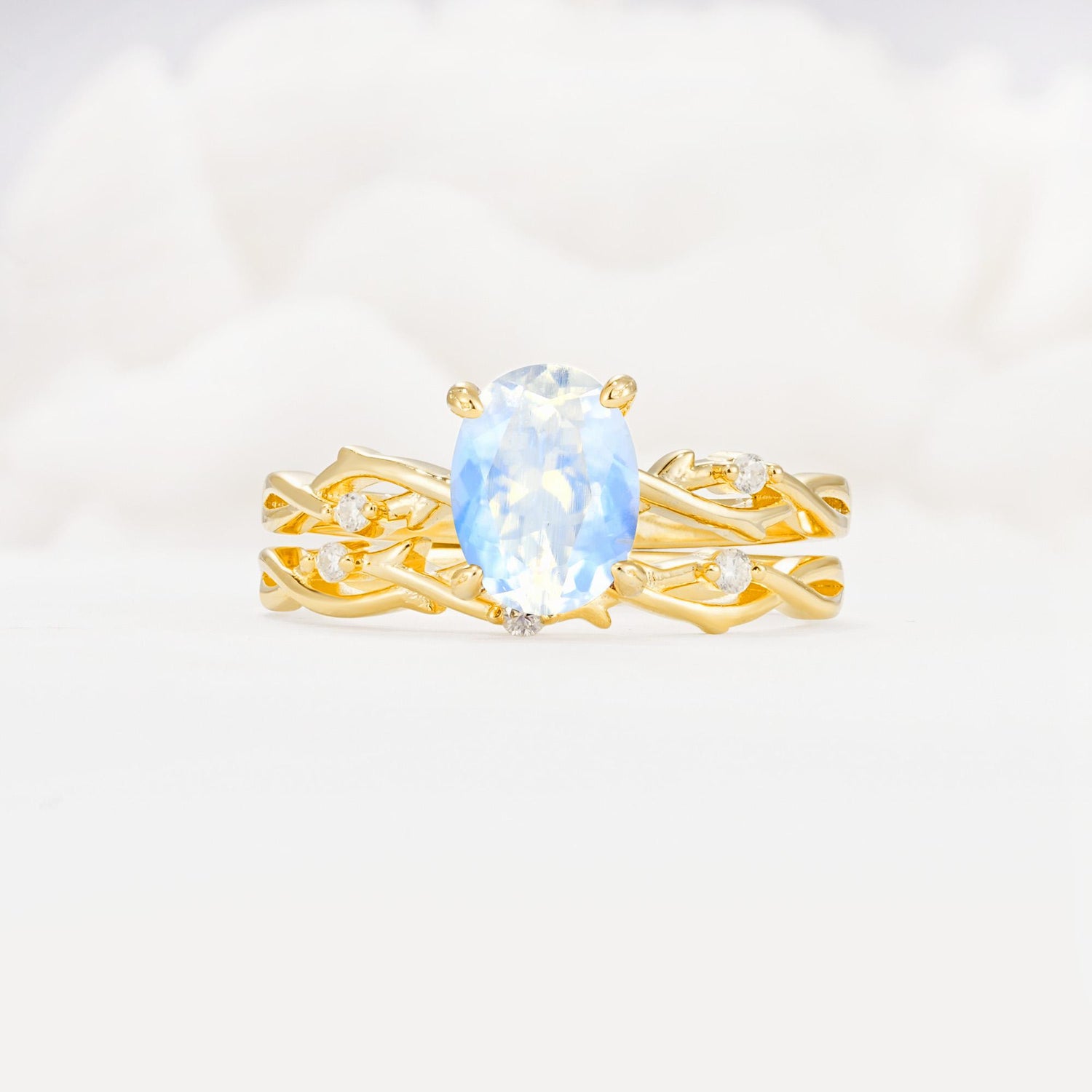 Nature-Inspired Oval Cut Moonstone Engagement Ring Set with Twig Accents - Yellow-Gold