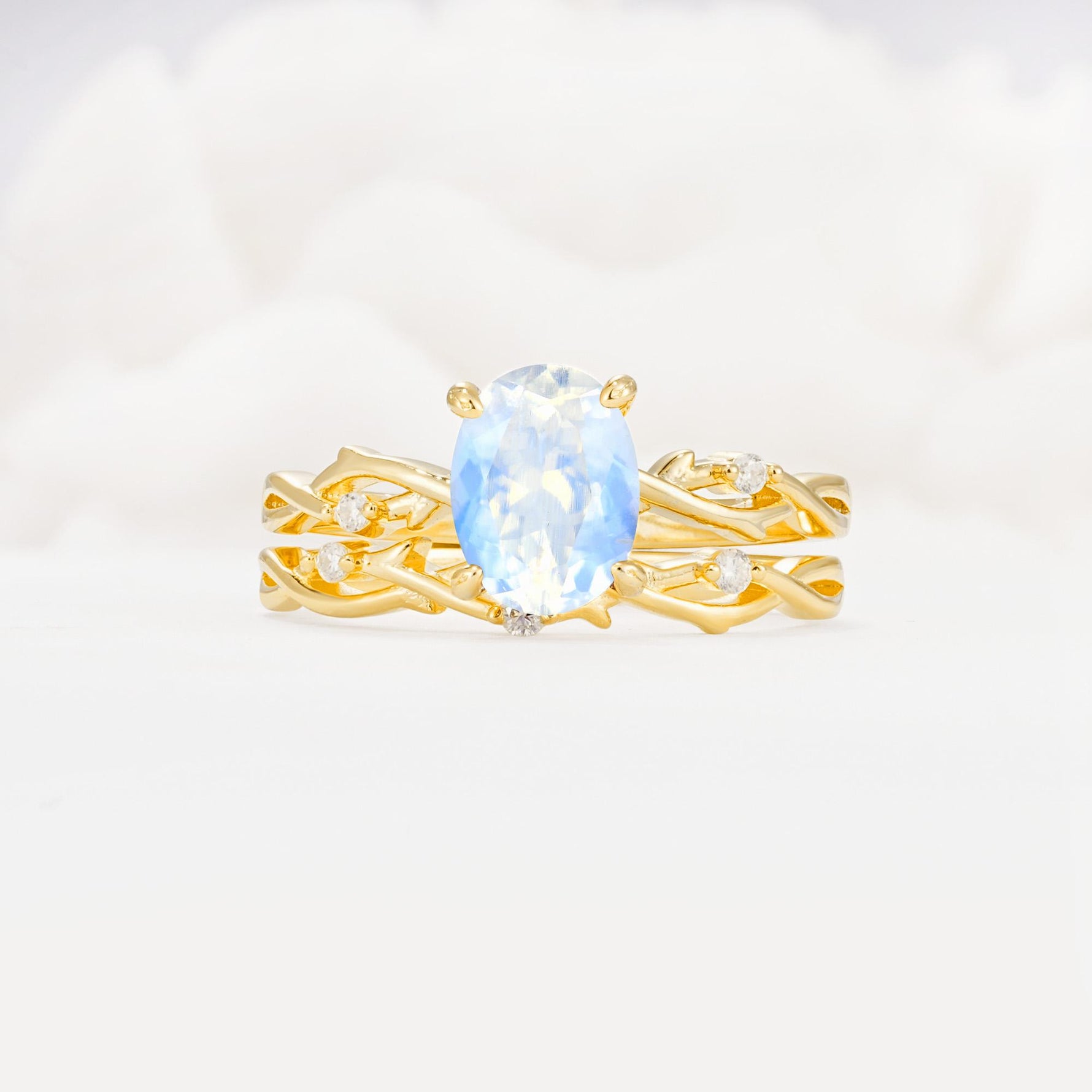 Nature-Inspired Oval Cut Moonstone Engagement Ring Set with Twig Accents - Yellow-Gold