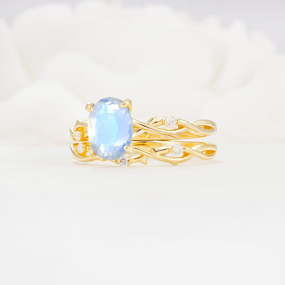 Nature-Inspired Oval Cut Moonstone Engagement Ring Set with Twig Accents - Rose-Gold