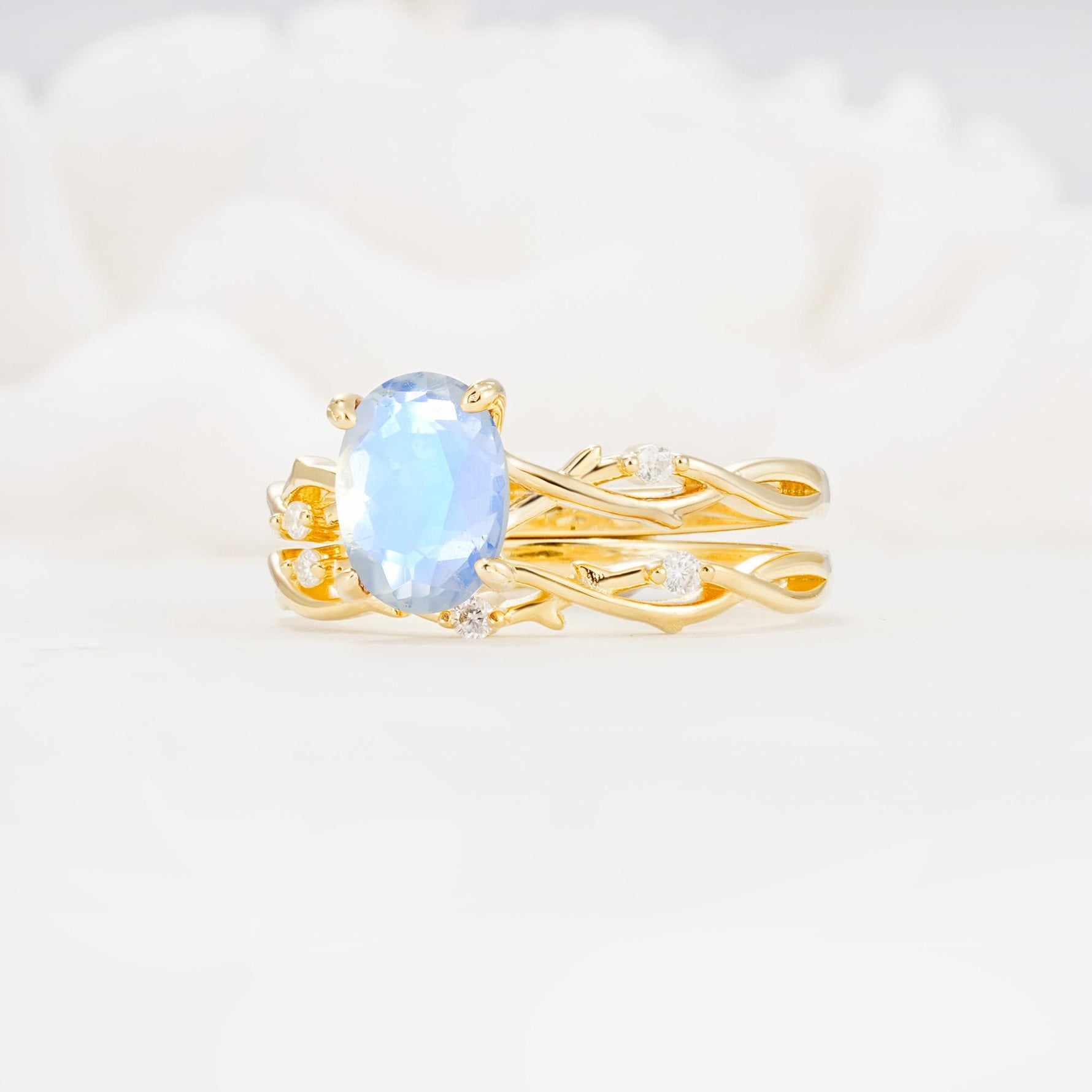 Nature-Inspired Oval Cut Moonstone Engagement Ring Set with Twig Accents - Rose-Gold