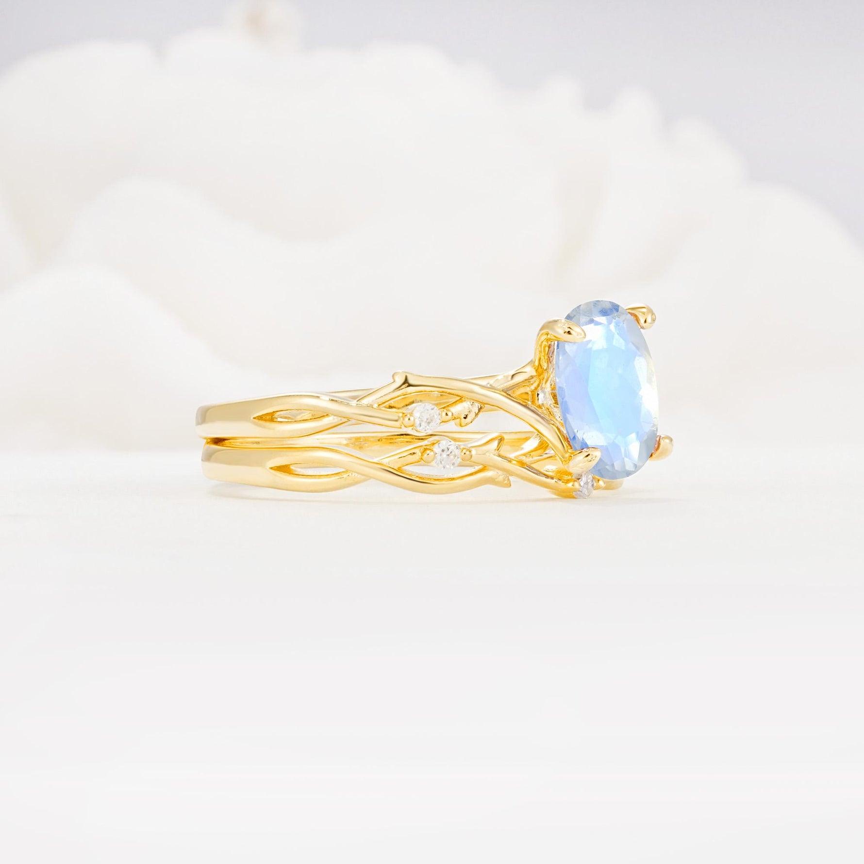 Nature-Inspired Oval Cut Moonstone Engagement Ring Set with Twig Accents - White-Gold