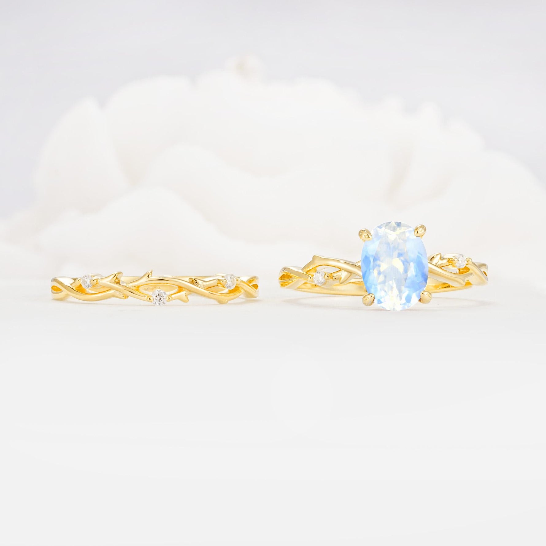 Nature-Inspired Oval Cut Moonstone Engagement Ring Set with Twig Accents - Additional view