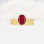Nature-Inspired Oval Cut Ruby Engagement Ring Set with Twig Accents - Yellow-Gold