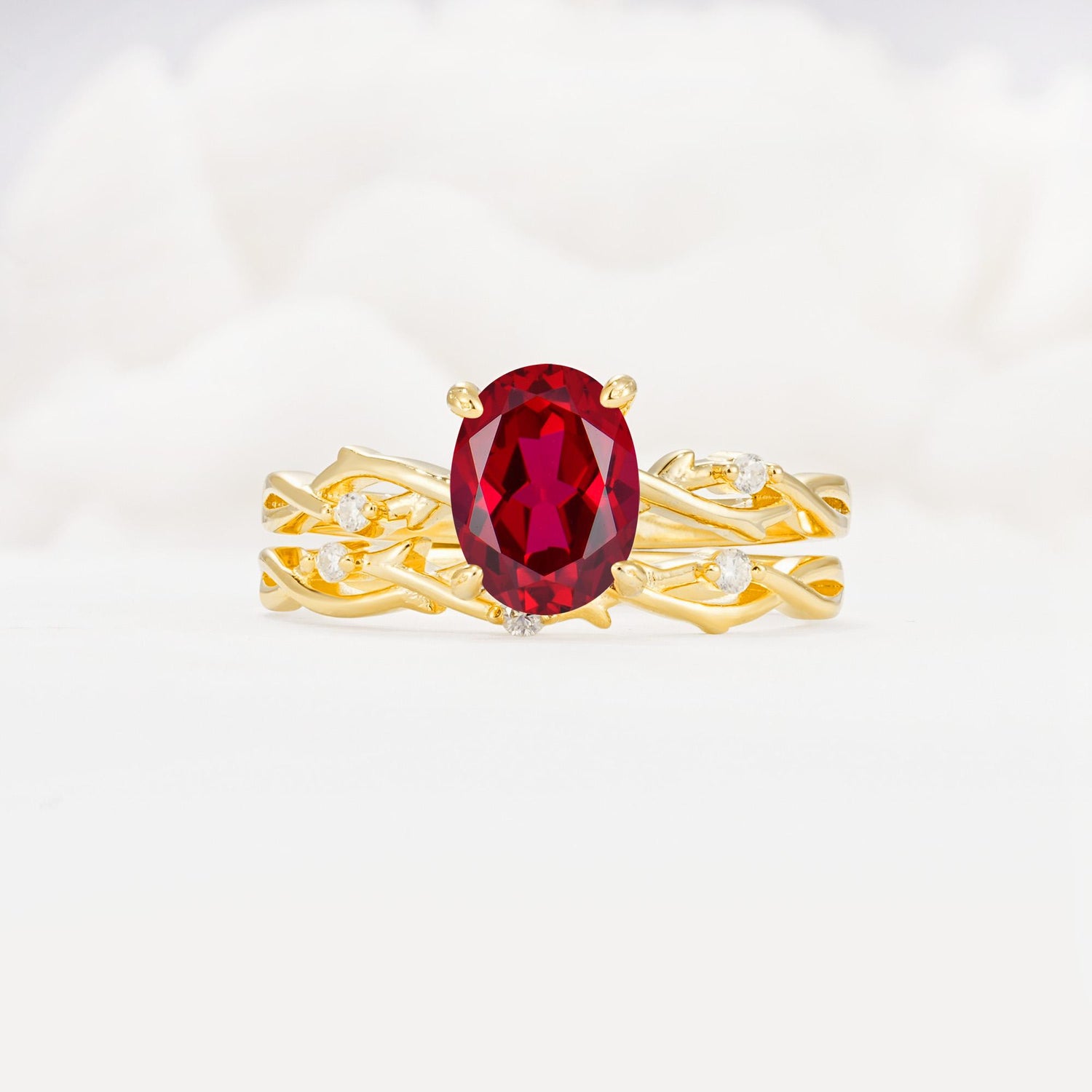 Nature-Inspired Oval Cut Ruby Engagement Ring Set with Twig Accents - Yellow-Gold