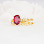 Nature-Inspired Oval Cut Ruby Engagement Ring Set with Twig Accents - Rose-Gold