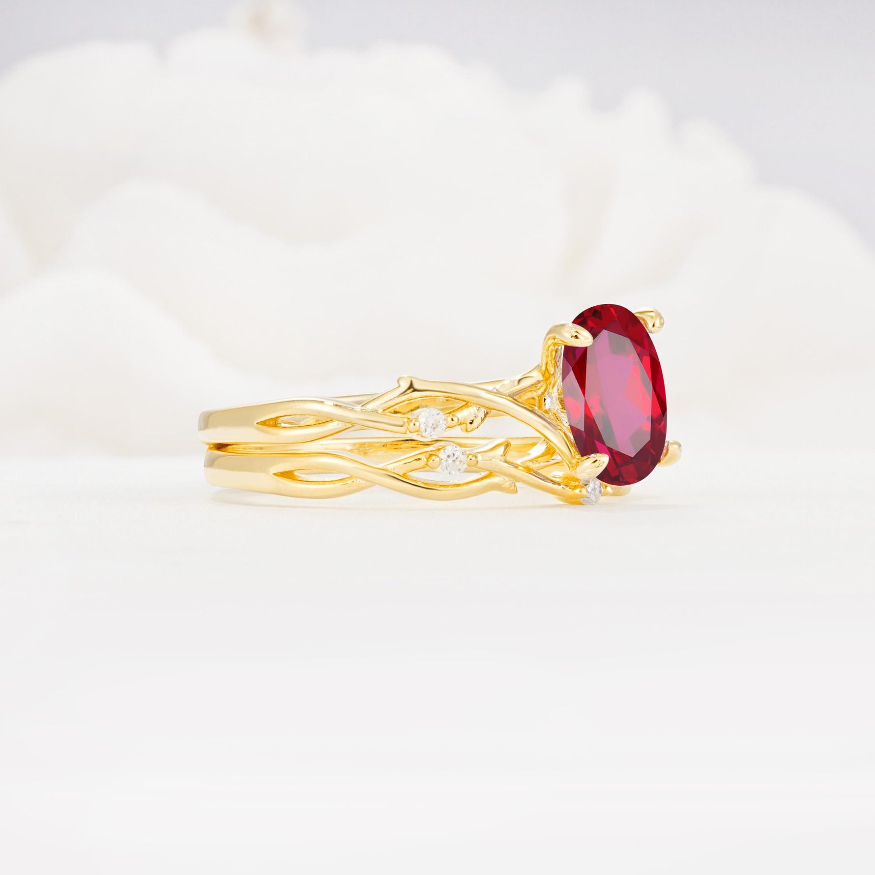 Nature-Inspired Oval Cut Ruby Engagement Ring Set with Twig Accents - White-Gold