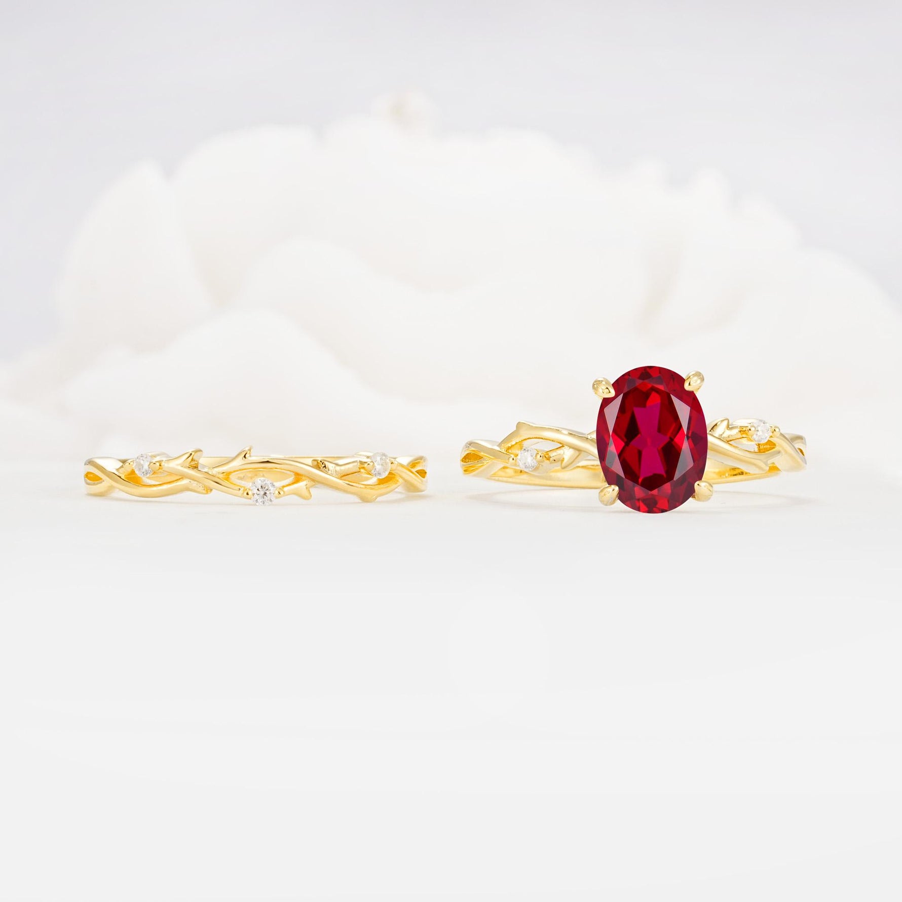 Nature-Inspired Oval Cut Ruby Engagement Ring Set with Twig Accents - Additional view