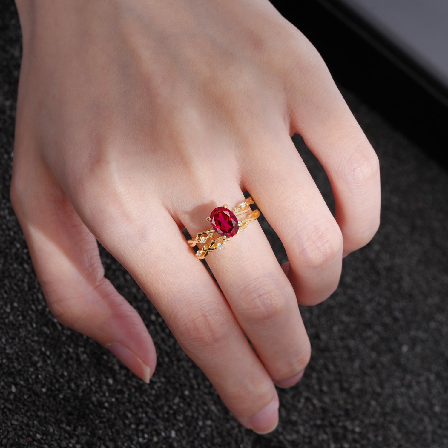 Nature-Inspired Oval Cut Ruby Engagement Ring Set with Twig Accents