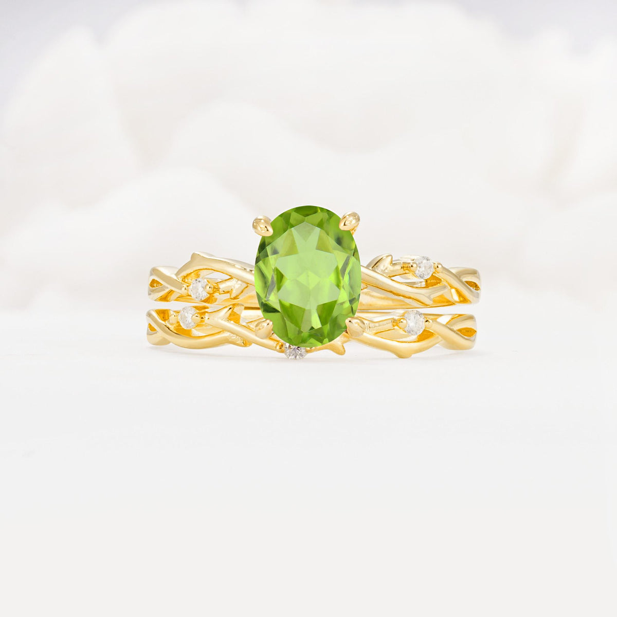 Nature-Inspired Oval Cut Peridot Engagement Ring Set with Twig Accents - Yellow-Gold