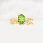 Nature-Inspired Oval Cut Peridot Engagement Ring Set with Twig Accents - Yellow-Gold