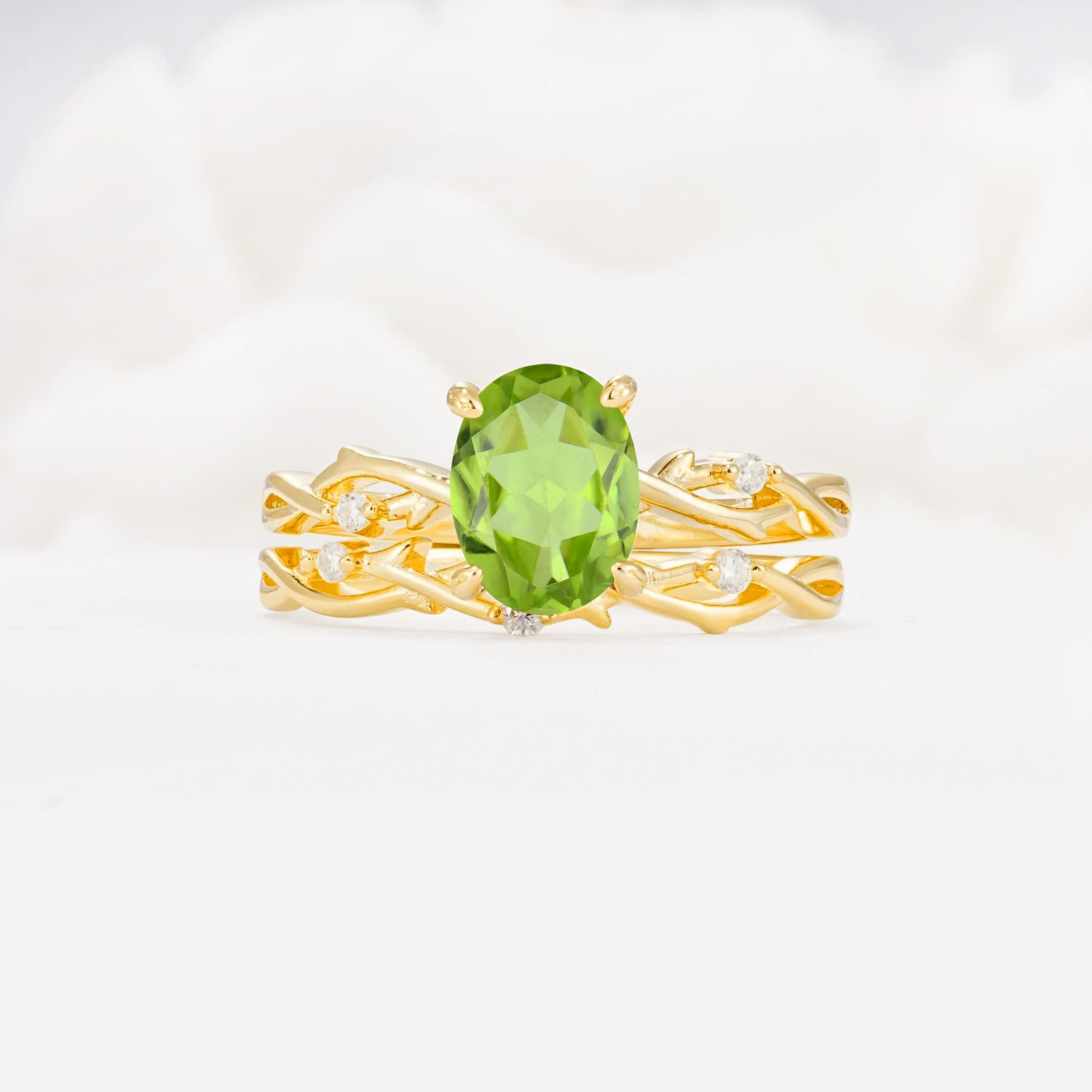 Nature-Inspired Oval Cut Peridot Engagement Ring Set with Twig Accents - Yellow-Gold