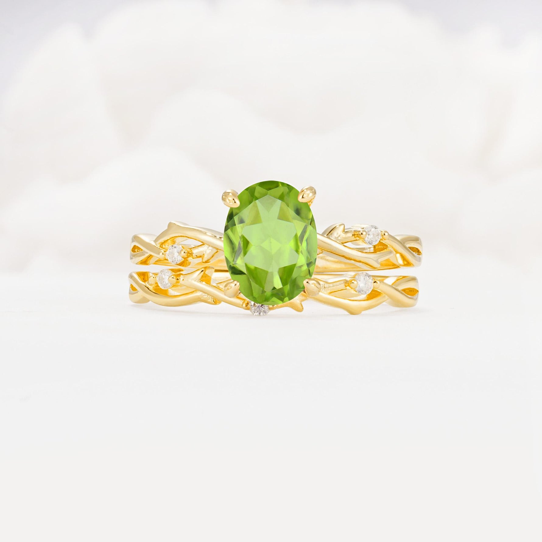 Nature-Inspired Oval Cut Peridot Engagement Ring Set with Twig Accents - Yellow-Gold
