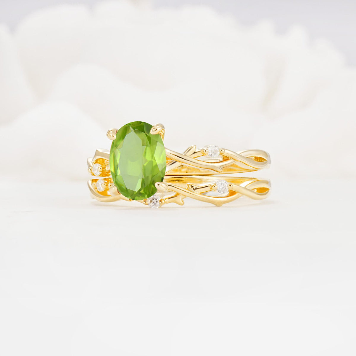 Nature-Inspired Oval Cut Peridot Engagement Ring Set with Twig Accents - Rose-Gold