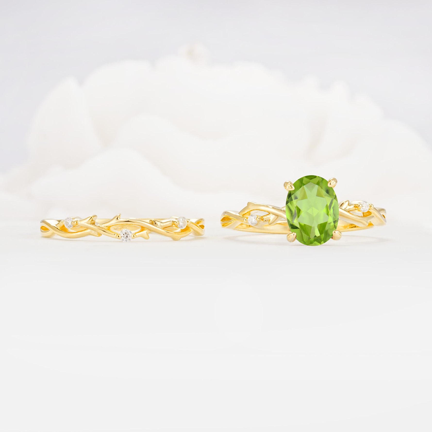 Nature-Inspired Oval Cut Peridot Engagement Ring Set with Twig Accents - Additional view