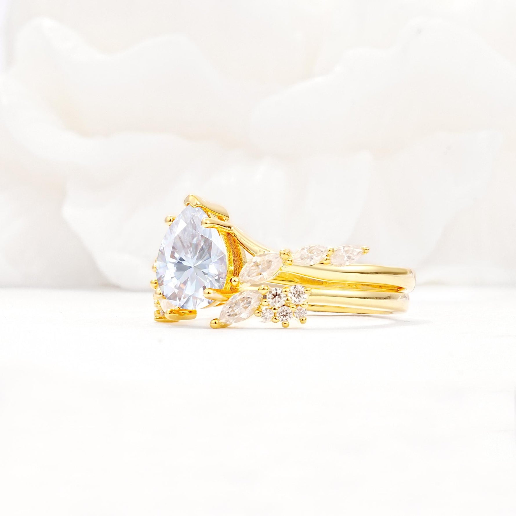 Nature-Inspired Pear Cut Moissanite Engagement Ring Set with Marquise Leaf - White-Gold