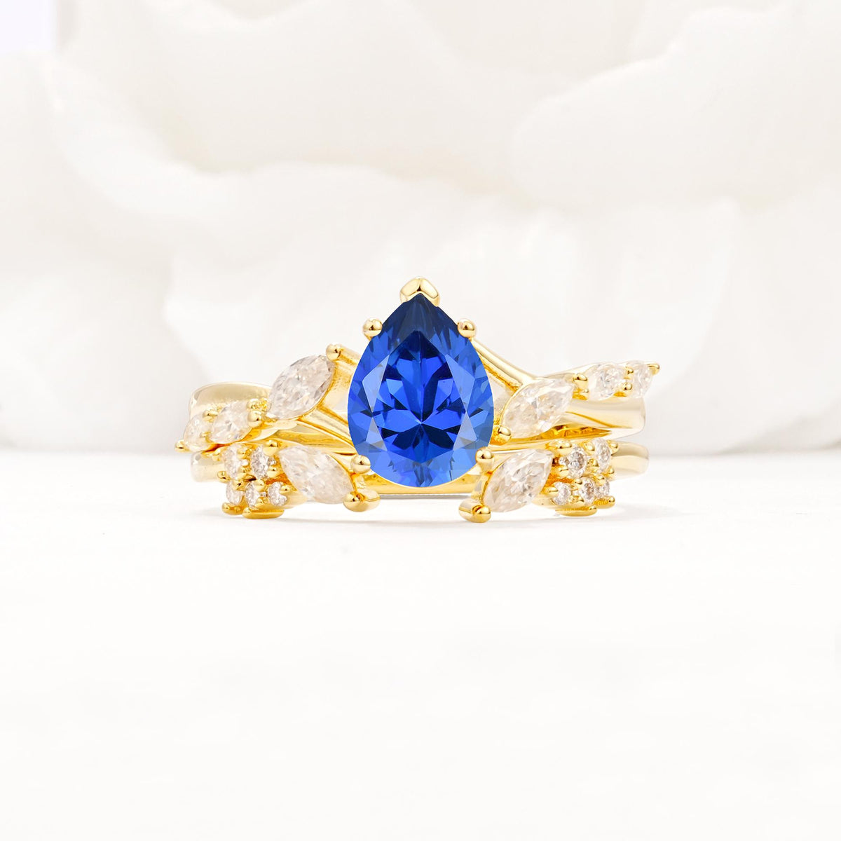 Nature-Inspired Pear Cut Sapphire Engagement Ring Set with Marquise Leaf - Yellow-Gold