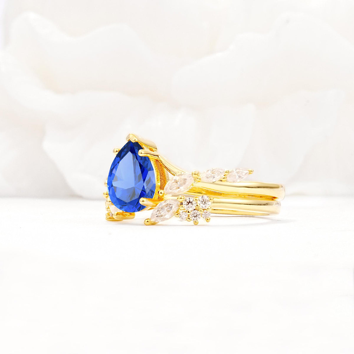 Nature-Inspired Pear Cut Sapphire Engagement Ring Set with Marquise Leaf - White-Gold