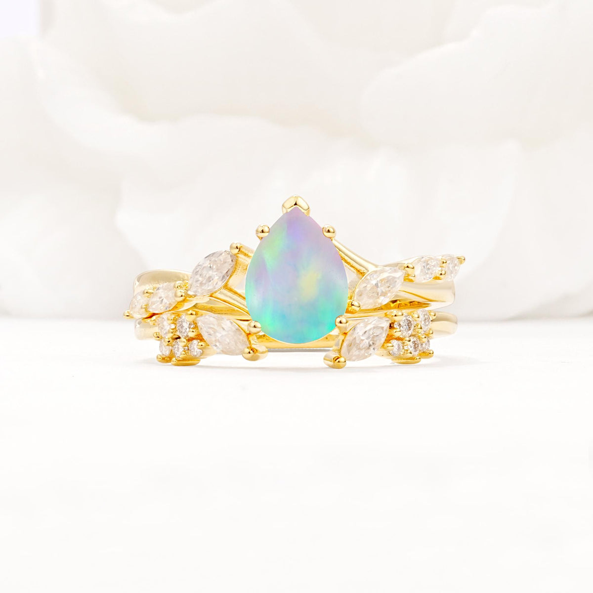 Nature-Inspired Pear Cut Fire Opal Engagement Ring Set with Marquise Leaf - Yellow-Gold