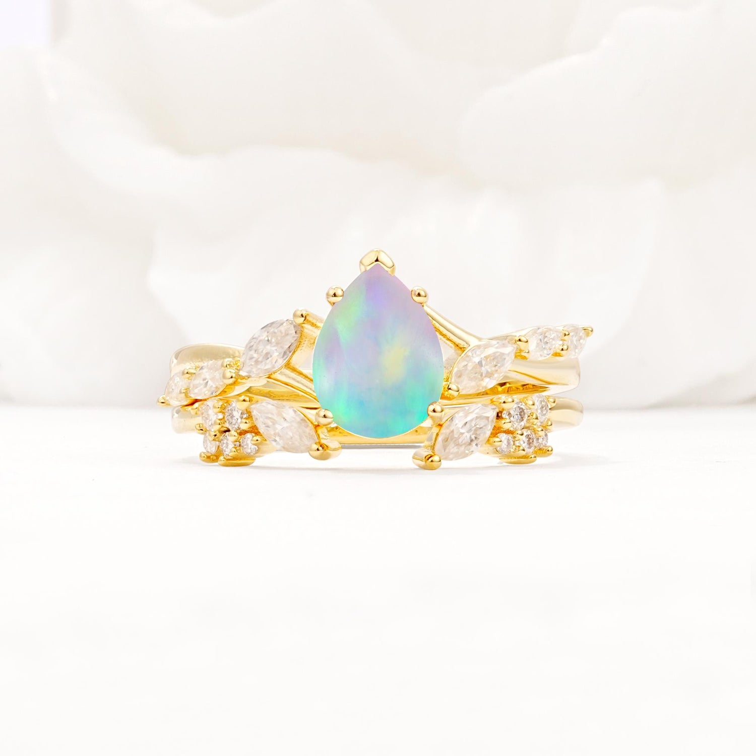 Nature-Inspired Pear Cut Fire Opal Engagement Ring Set with Marquise Leaf - Yellow-Gold