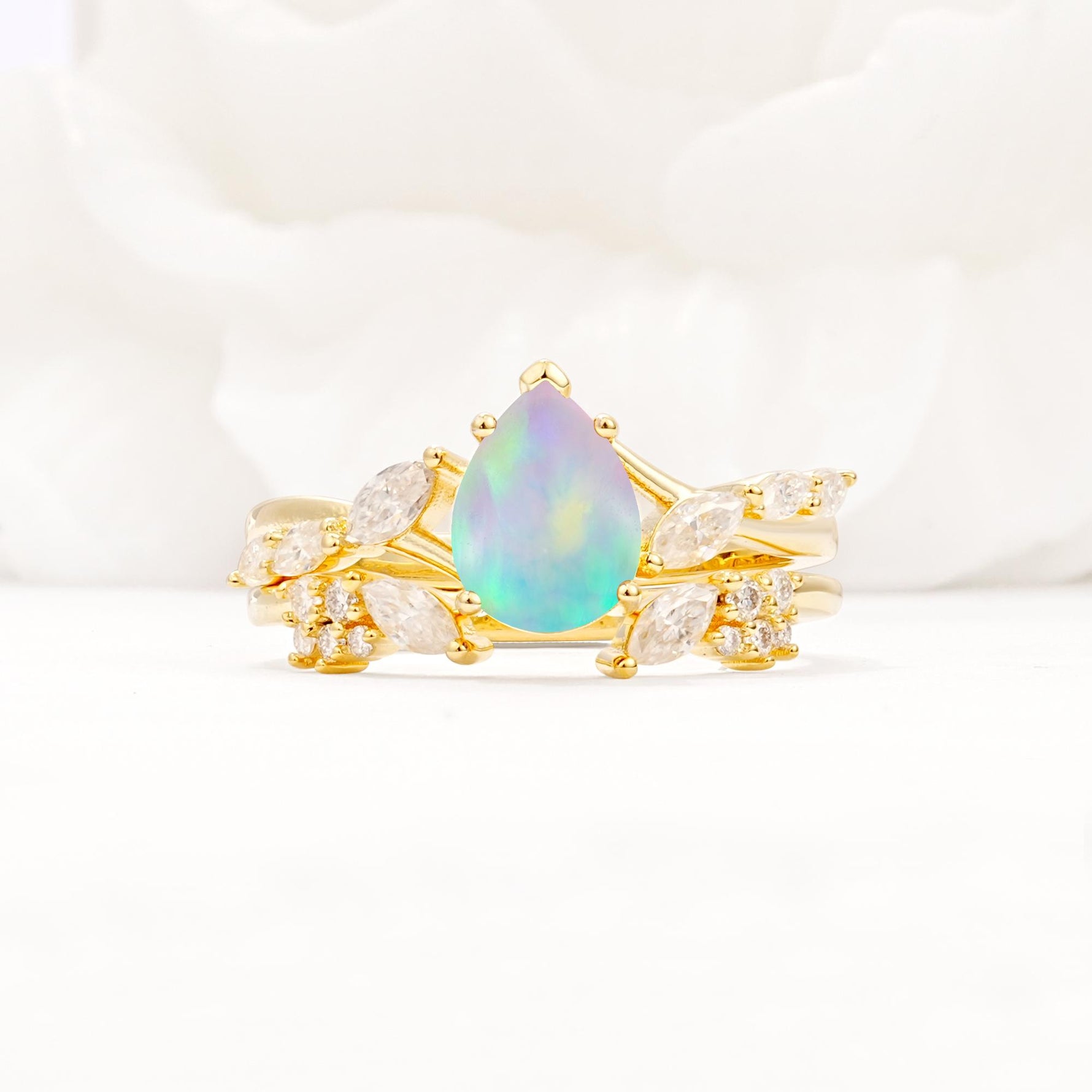 Nature-Inspired Pear Cut Fire Opal Engagement Ring Set with Marquise Leaf - Yellow-Gold