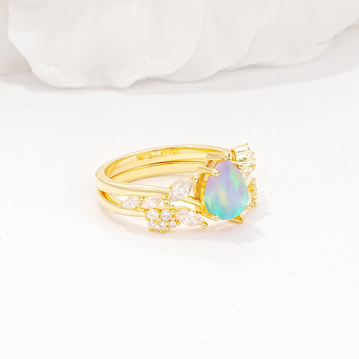 Nature-Inspired Pear Cut Fire Opal Engagement Ring Set with Marquise Leaf - Rose-Gold