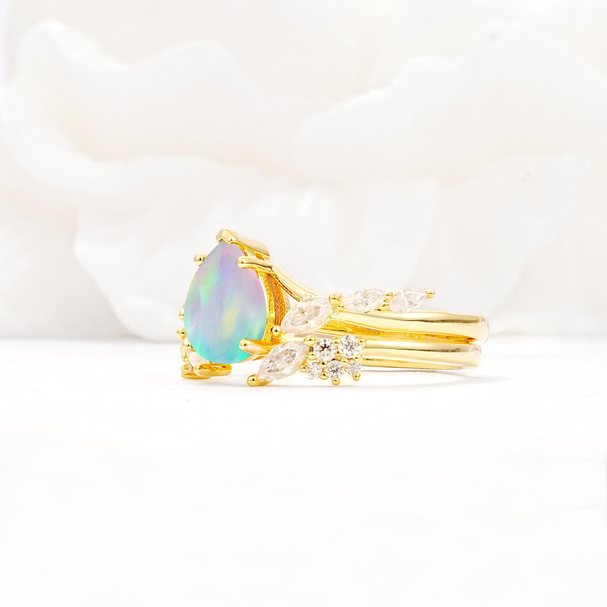 Nature-Inspired Pear Cut Fire Opal Engagement Ring Set with Marquise Leaf - White-Gold