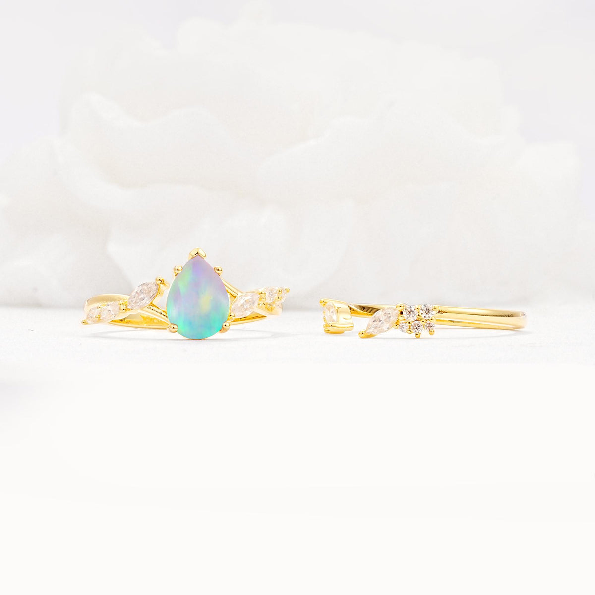 Nature-Inspired Pear Cut Fire Opal Engagement Ring Set with Marquise Leaf - Additional view