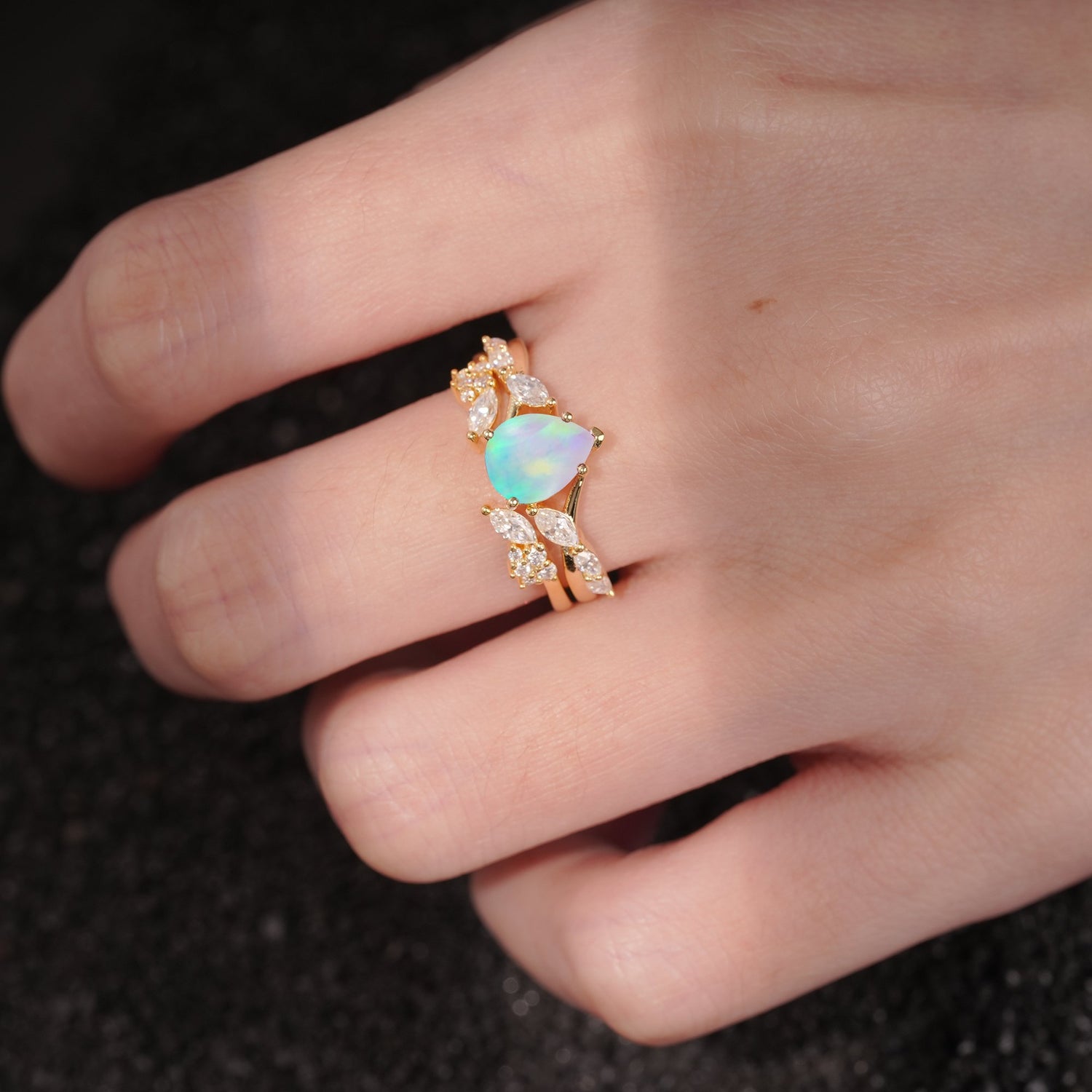Nature-Inspired Pear Cut Fire Opal Engagement Ring Set with Marquise Leaf