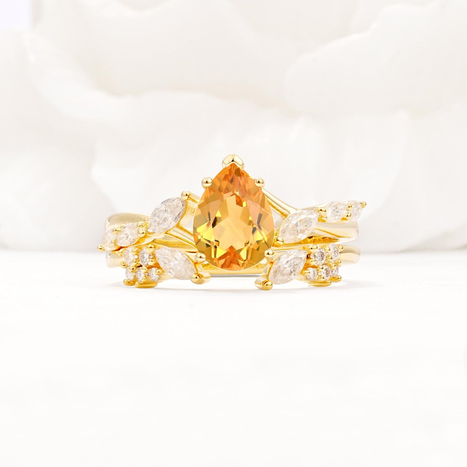 Nature-Inspired Pear Cut Citrine Engagement Ring Set with Marquise Leaf - Yellow-Gold
