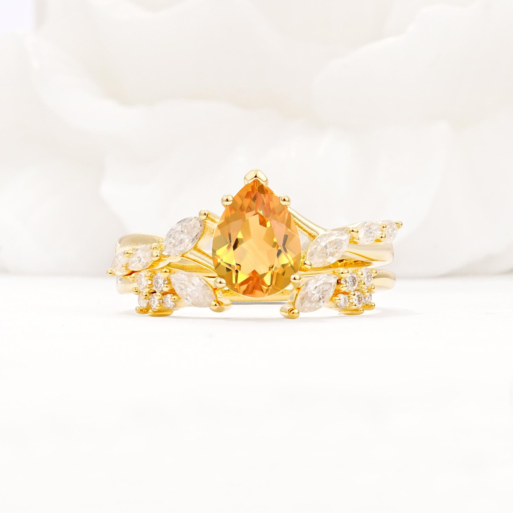Nature-Inspired Pear Cut Citrine Engagement Ring Set with Marquise Leaf - Yellow-Gold