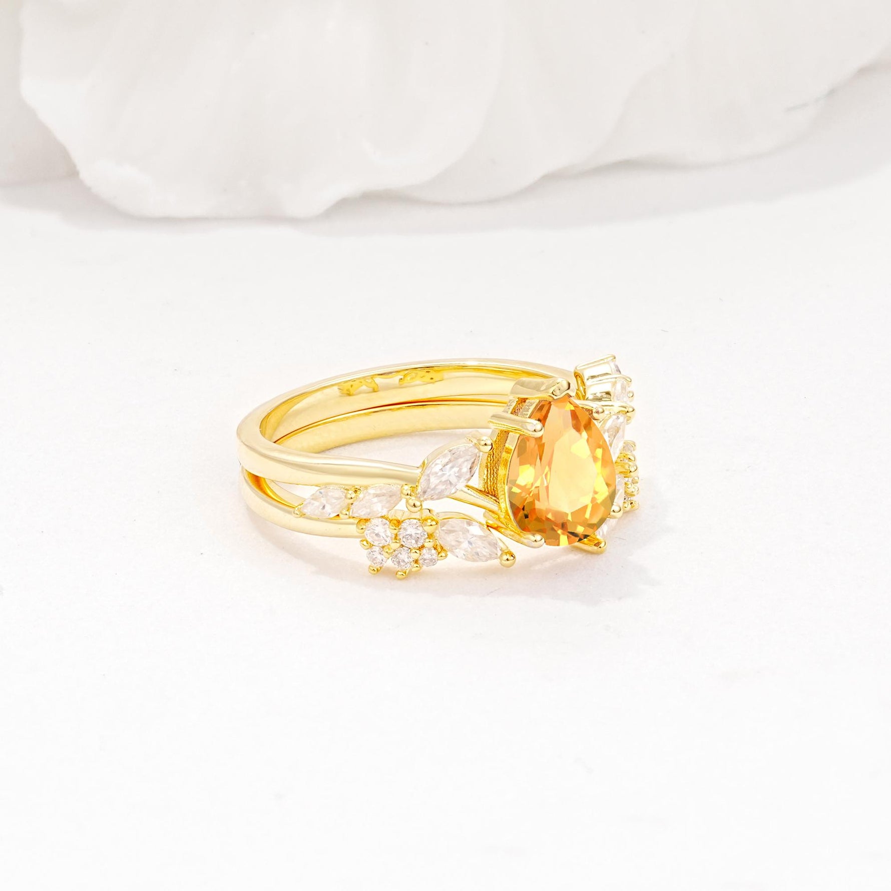 Nature-Inspired Pear Cut Citrine Engagement Ring Set with Marquise Leaf - Rose-Gold