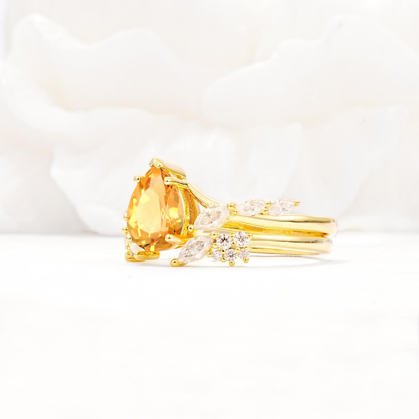 Nature-Inspired Pear Cut Citrine Engagement Ring Set with Marquise Leaf - White-Gold