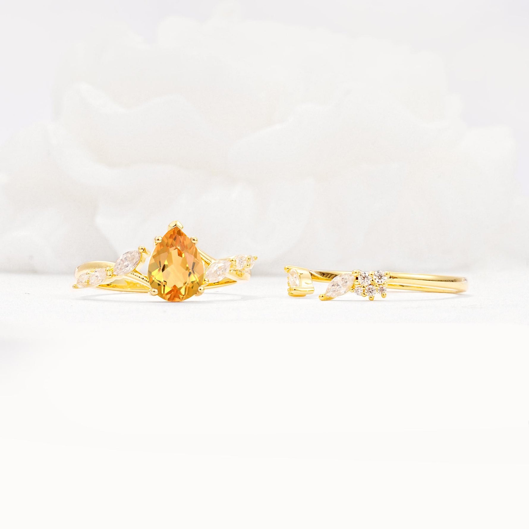 Nature-Inspired Pear Cut Citrine Engagement Ring Set with Marquise Leaf - Additional view