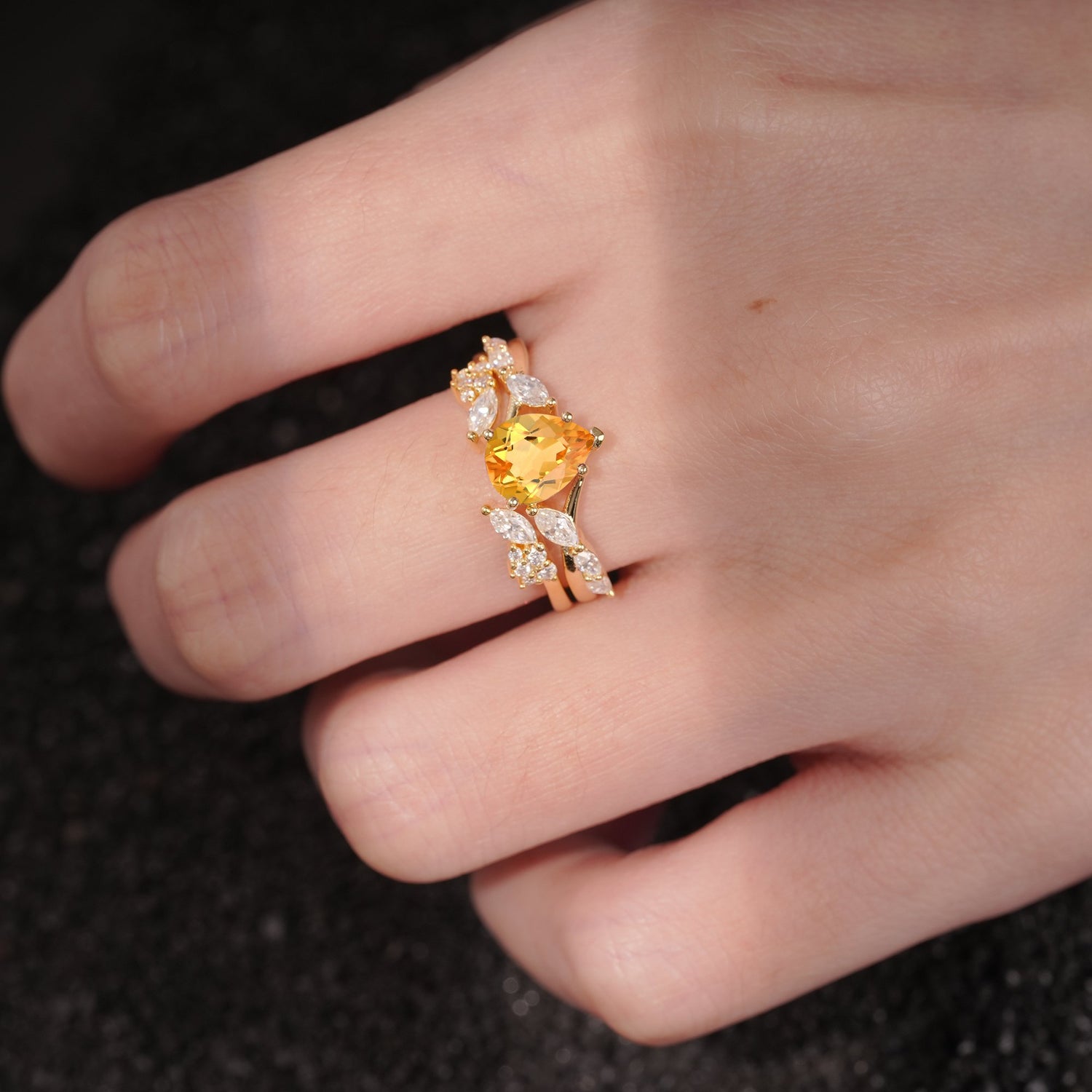Nature-Inspired Pear Cut Citrine Engagement Ring Set with Marquise Leaf