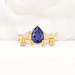 Nature-Inspired Pear Cut Tanzanite Engagement Ring Set with Marquise Leaf - Yellow-Gold
