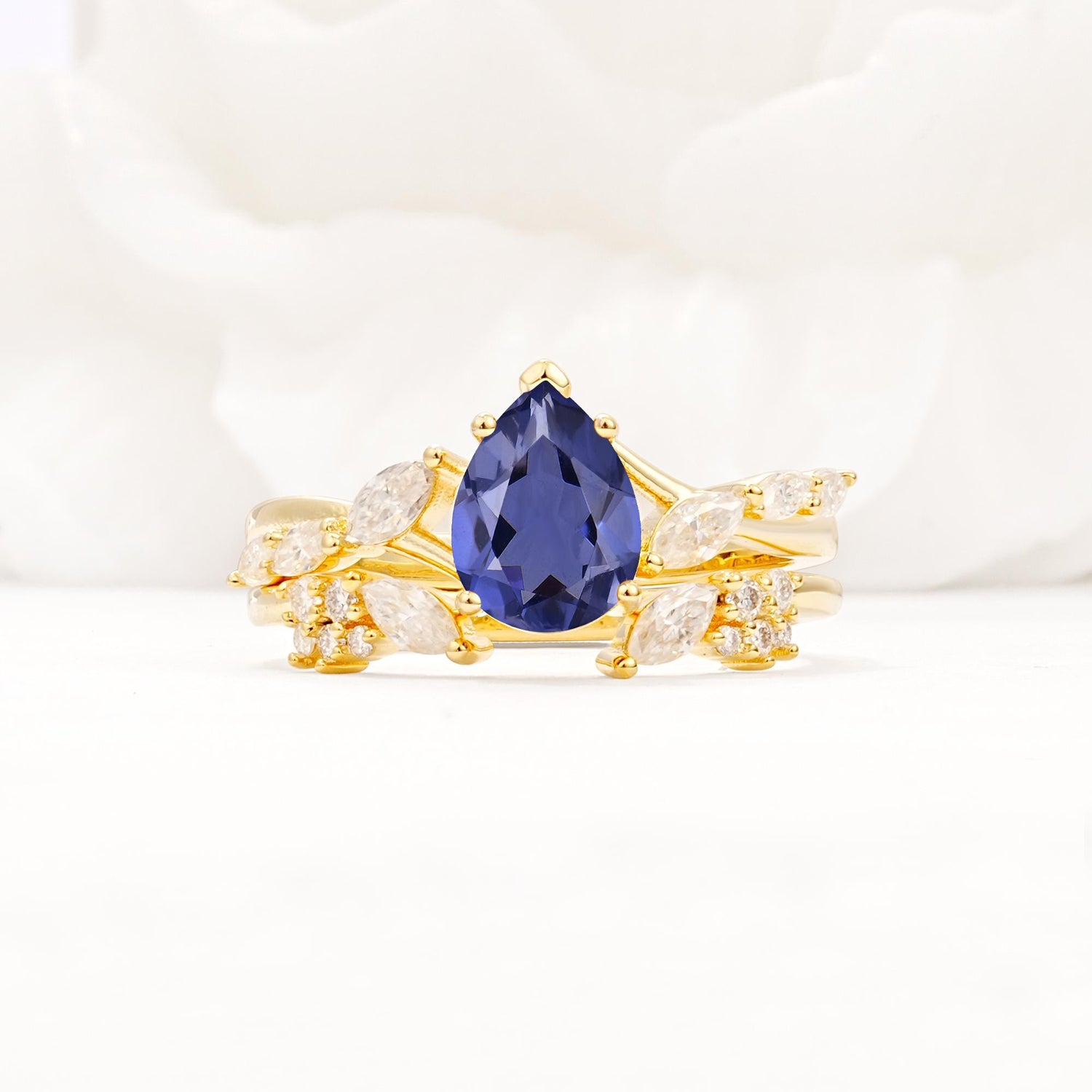 Nature-Inspired Pear Cut Tanzanite Engagement Ring Set with Marquise Leaf - Yellow-Gold