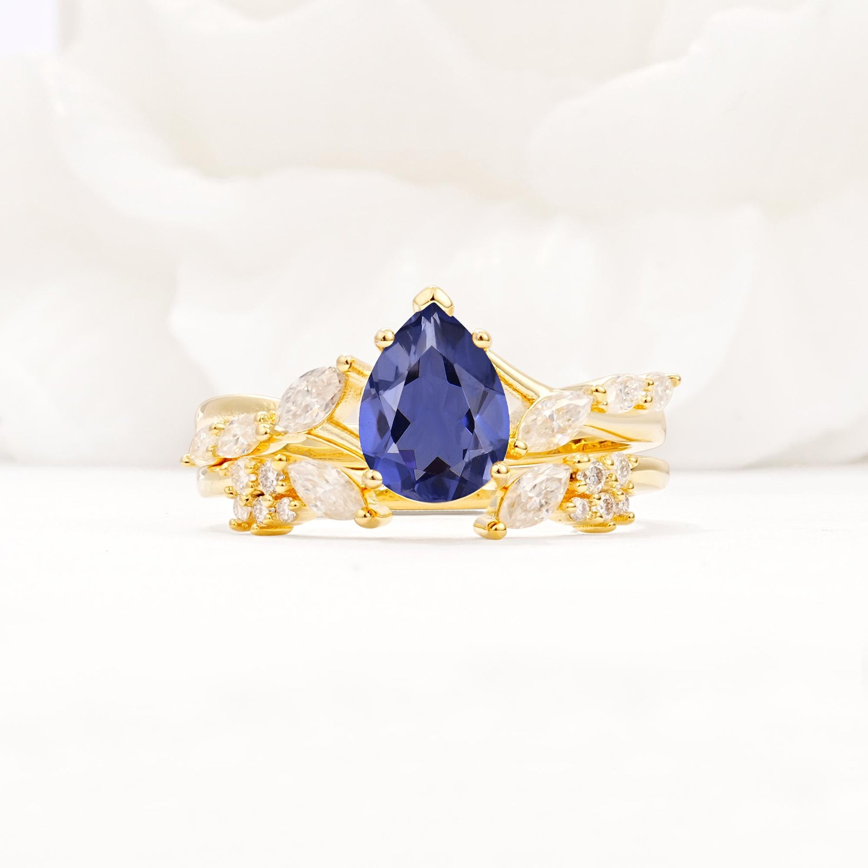 Nature-Inspired Pear Cut Tanzanite Engagement Ring Set with Marquise Leaf - Yellow-Gold