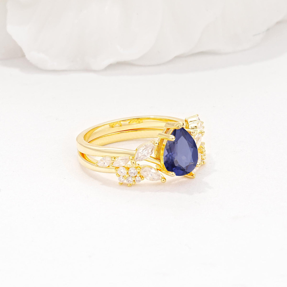 Nature-Inspired Pear Cut Tanzanite Engagement Ring Set with Marquise Leaf - Rose-Gold
