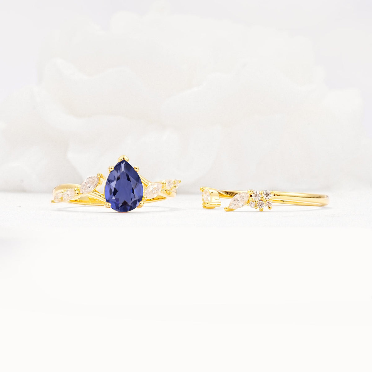 Nature-Inspired Pear Cut Tanzanite Engagement Ring Set with Marquise Leaf - Additional view