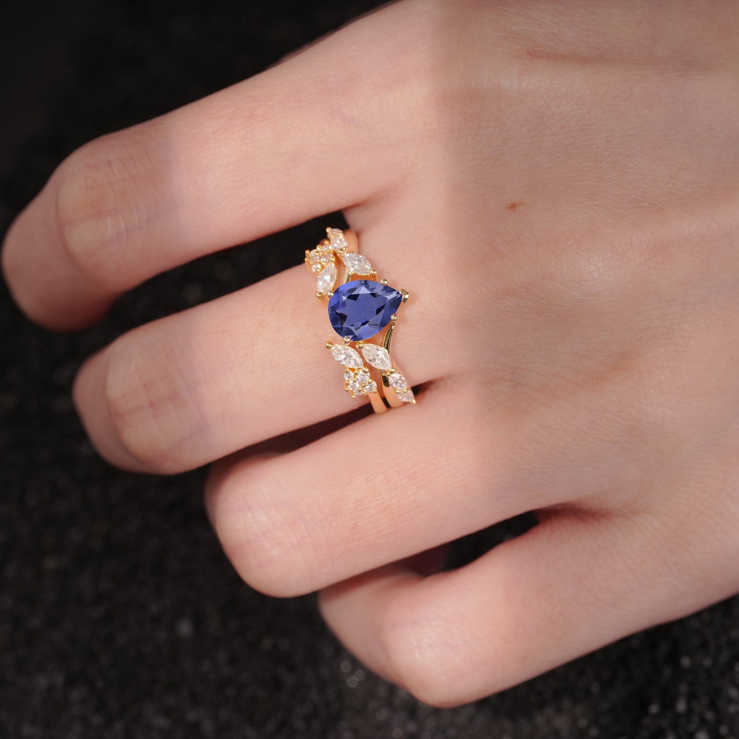 Nature-Inspired Pear Cut Tanzanite Engagement Ring Set with Marquise Leaf