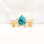 Nature-Inspired Pear Cut Turquoise Engagement Ring Set with Marquise Leaf - Yellow-Gold