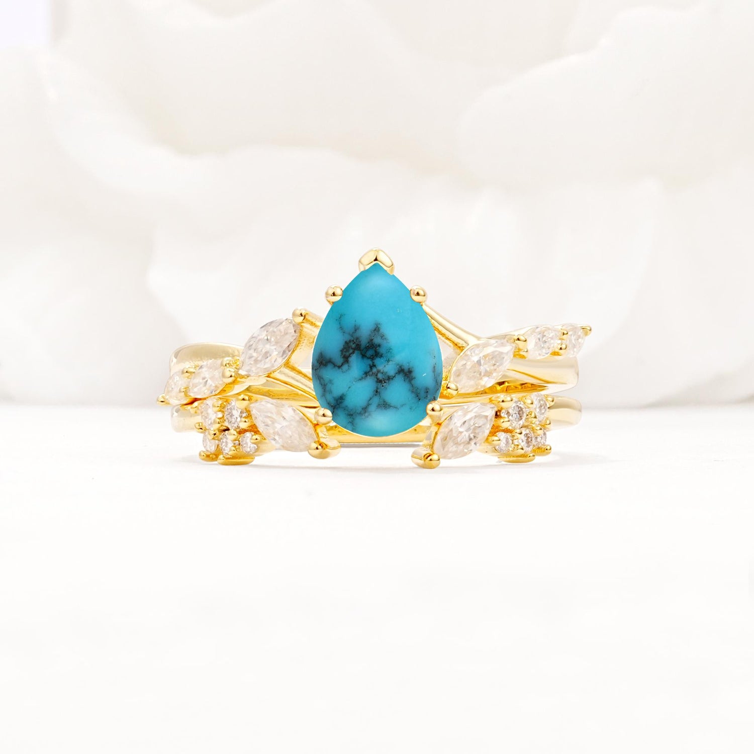 Nature-Inspired Pear Cut Turquoise Engagement Ring Set with Marquise Leaf - Yellow-Gold