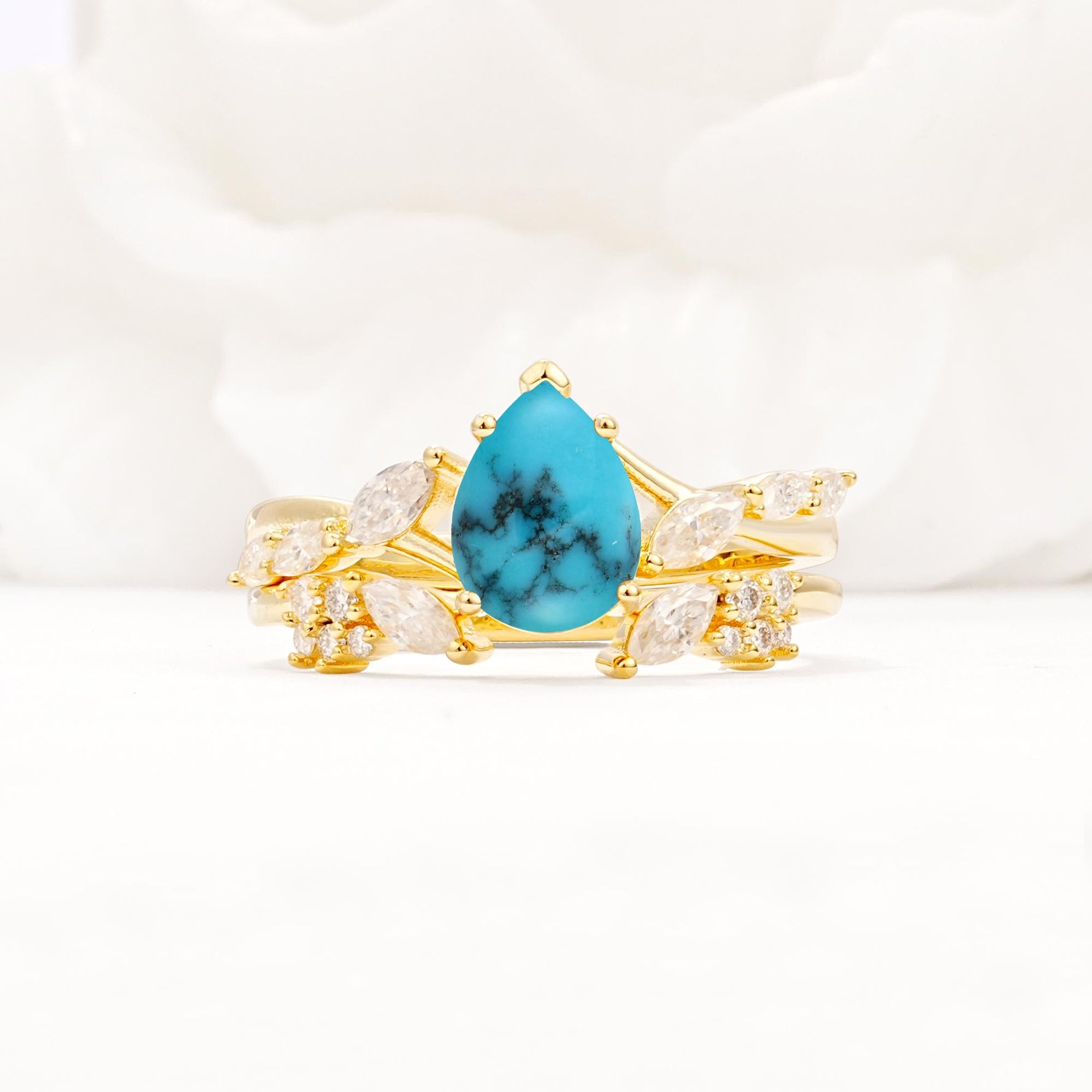 Nature-Inspired Pear Cut Turquoise Engagement Ring Set with Marquise Leaf - Yellow-Gold